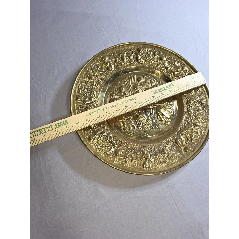 Vintage Brass Repousse Wall Plates Pair Dutch Genre Scenes Ornate Decorative